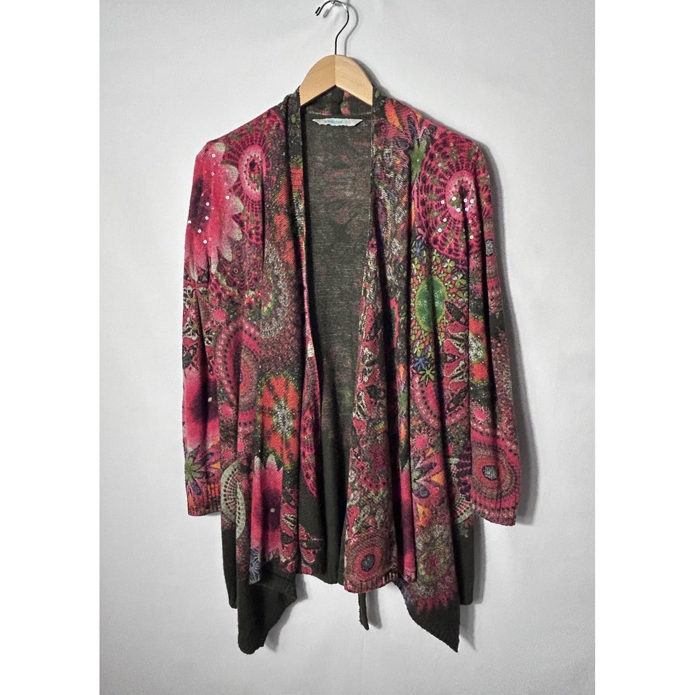 Desigual Cardigan Sweater Womens Medium Multicolor Floral Belted Open Front Boho